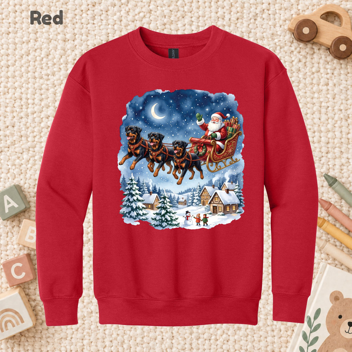 Rottweiler Christmas T-Shirt, Santa Sleigh with Flying Dogs Graphic Tee, Funny Dog Lover Holiday Shirt