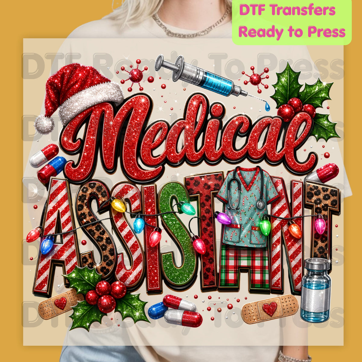 Christmas Medical Assistant DTF Transfers, Healthcare Scrubs Syringe Holiday Ready to Press