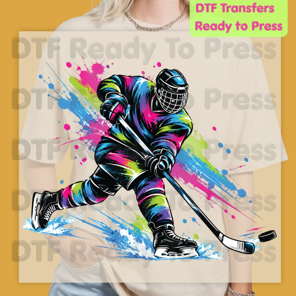 Hockey DTF Transfer, Colorful Ice Hockey Player with Paint Splatter Graphic