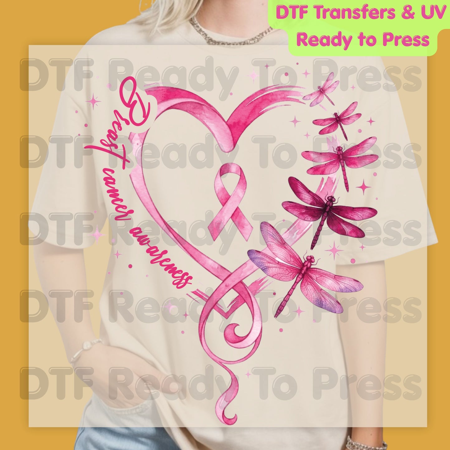 Breast Cancer Awareness Pink Heart Dragonfly DTF Transfer Ready to Press Heat Transfer Ribbon Tee