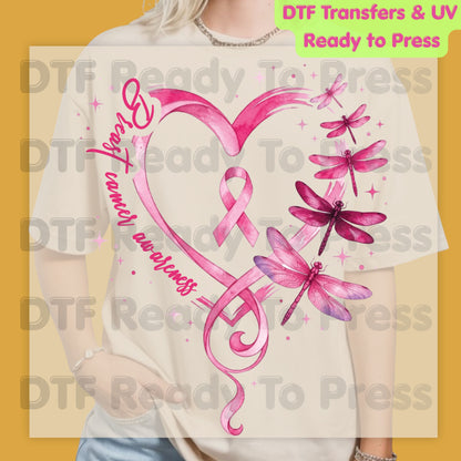 Breast Cancer Awareness Pink Heart Dragonfly DTF Transfer Ready to Press Heat Transfer Ribbon Tee