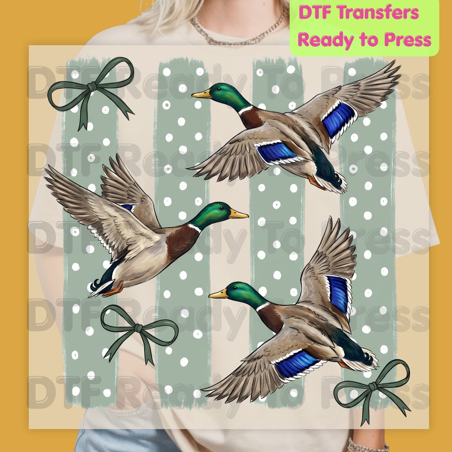 Flying Mallard Ducks DTF Transfers, Vintage Mallard Green Bows Polka Dot Coquette Hunting Ready to Press