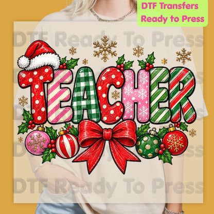 hristmas Teacher DTF Transfers, Holiday School Bow Ornaments Santa Hat Graphic Ready to Press