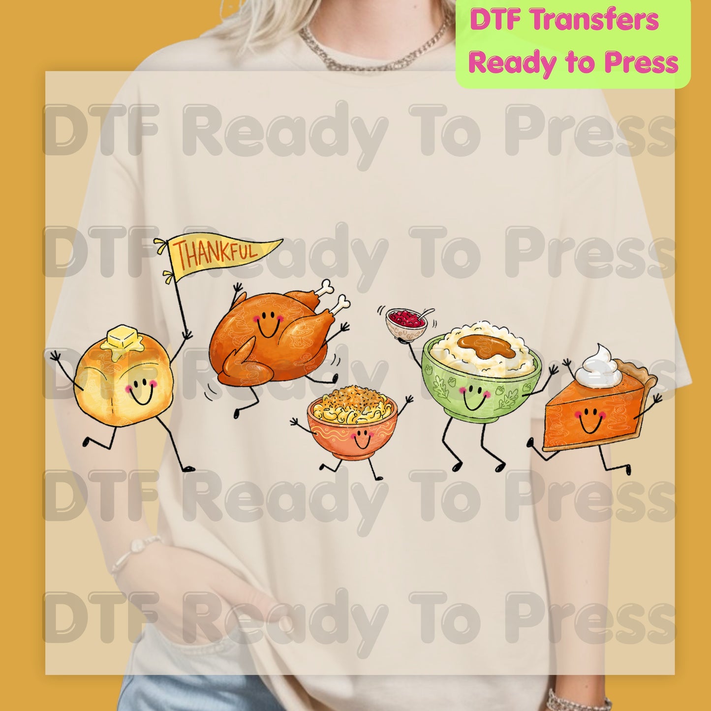 Thanksgiving DTF Transfers, Dancing Turkey Food Parade Pumpkin Pie Funny Fall Ready to Press