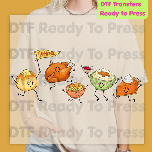 Thanksgiving DTF Transfers, Dancing Turkey Food Parade Pumpkin Pie Funny Fall Ready to Press