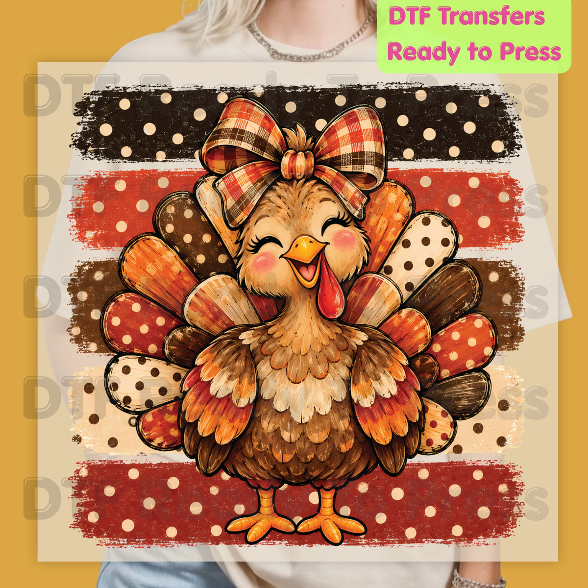 Thanksgiving DTF Transfer, Cute Turkey Bow, Polka Dot Stripes