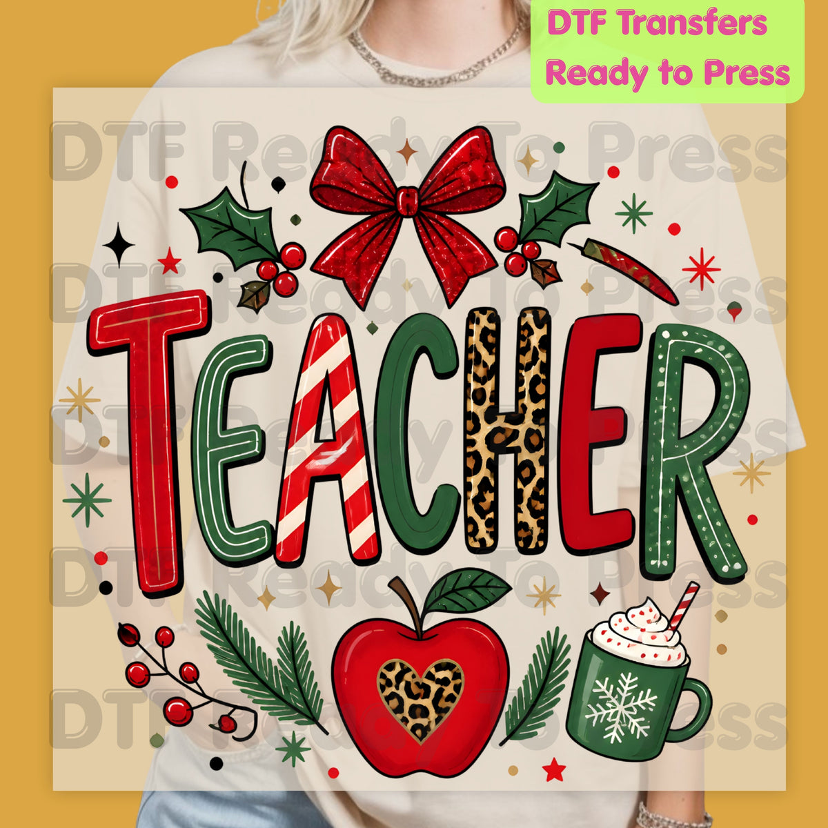 Christmas Teacher DTF Transfers, School Red Bow Apple Cocoa Leopard Holiday Ready to Press