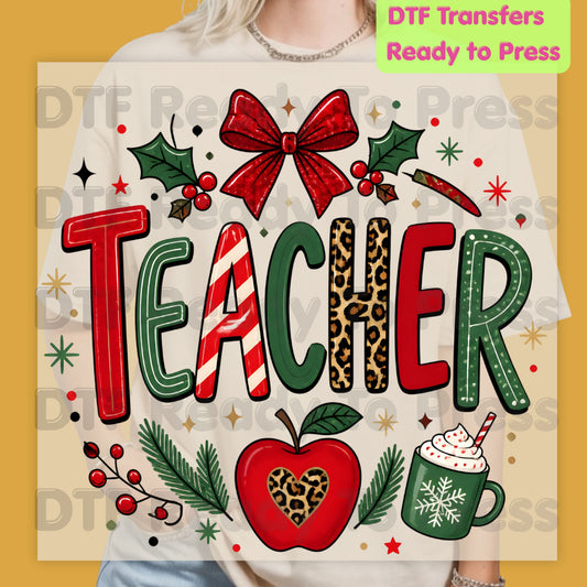 Christmas Teacher DTF Transfers, School Red Bow Apple Cocoa Leopard Holiday Ready to Press