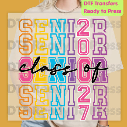 Colorful Senior Class of 2027 DTF Transfers, Retro Stacked Varsity Letters Pastel Graduation Ready to Press