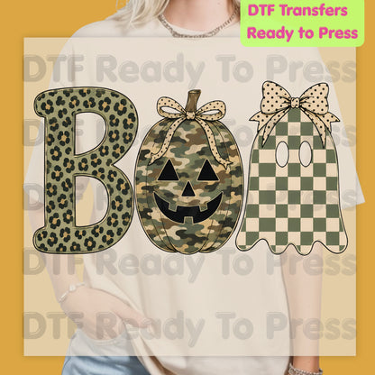 Halloween Camo Pumpkin DTF Transfers, Boo Ghost Leopard Checkered Coquette Bow Spooky Ready to Press