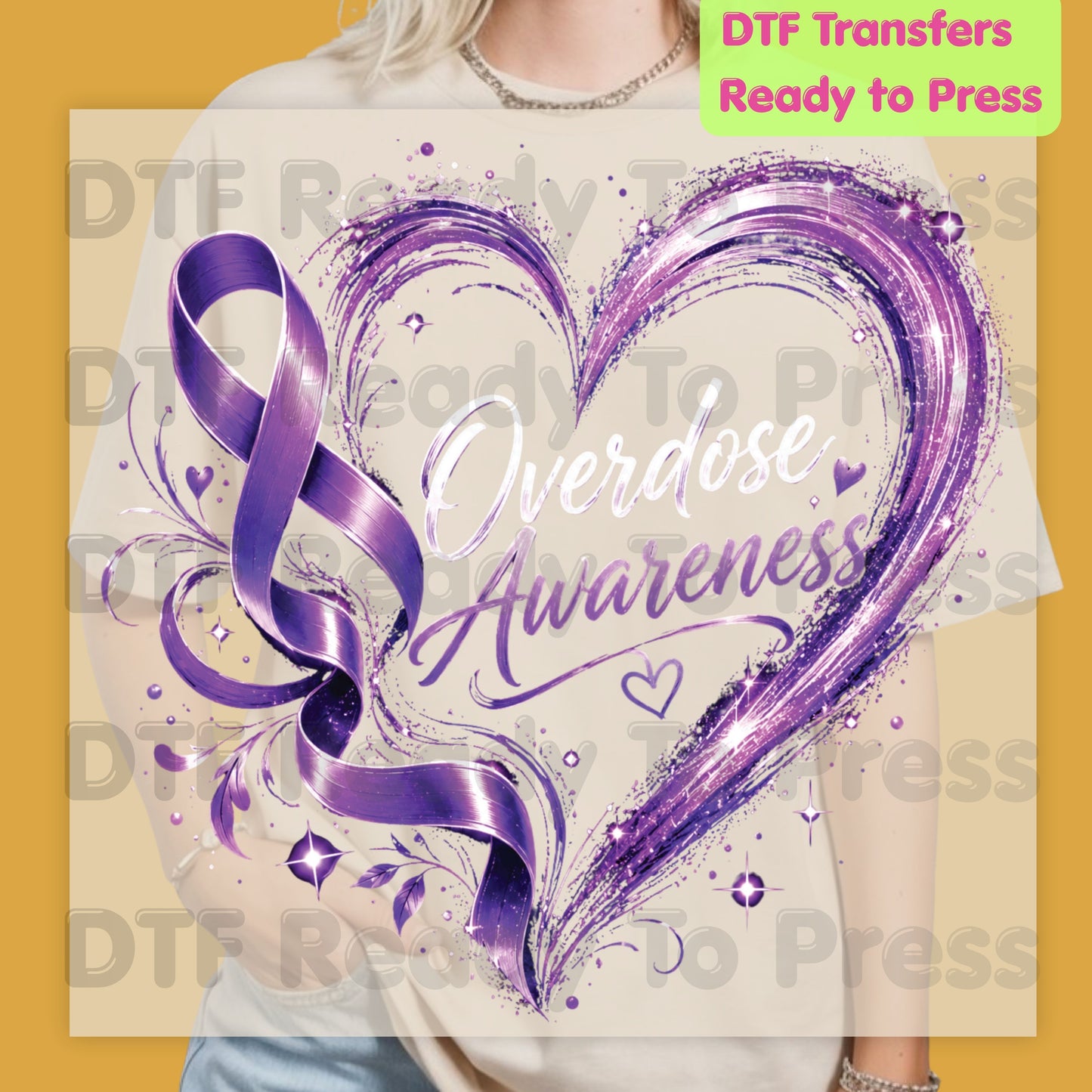 Overdose Awareness DTF Transfer Ready to Press Purple Heart Ribbon Heat Transfer Tee Print Direct to Film Transfer