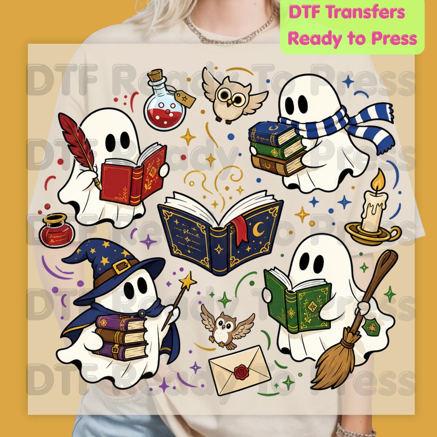 Reading Ghosts DTF Transfers, Spooky Bookish Ghosts Wizard Academy Halloween Ready to Press