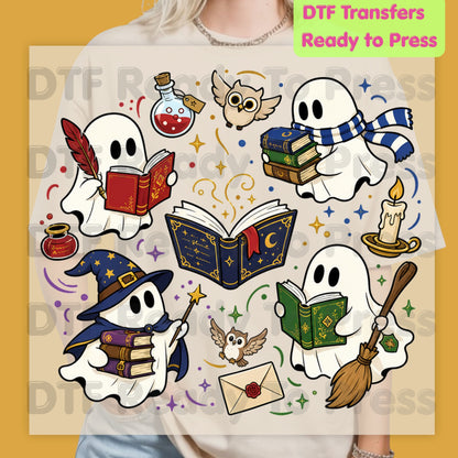 Reading Ghosts DTF Transfers, Spooky Bookish Ghosts Wizard Academy Halloween Ready to Press