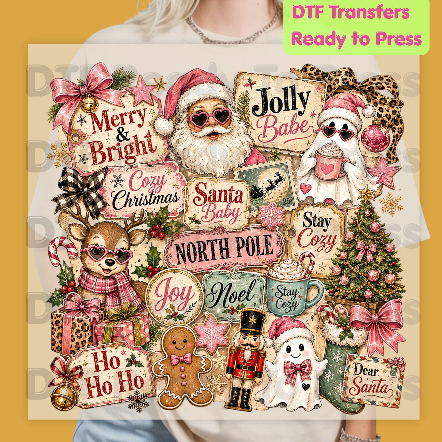 Cozy Pink Christmas Collage DTF Transfers, Santa Reindeer Gingerbread Nutcracker North Pole Holiday Ready to Press