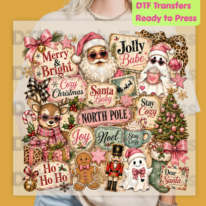 Cozy Pink Christmas Collage DTF Transfers, Santa Reindeer Gingerbread Nutcracker North Pole Holiday Ready to Press
