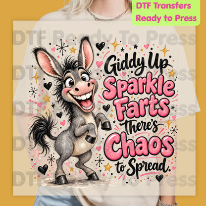 Funny Donkey DTF Transfers, Giddy Up Sparkle Farts Cute Chaos Quote Ready to Press
