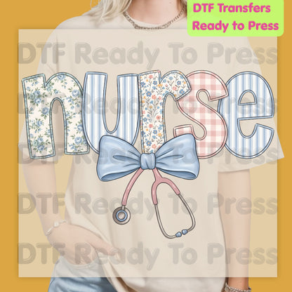 Nurse DTF Transfers, Coquette Floral Nurse Bow Stethoscope Vintage Patchwork