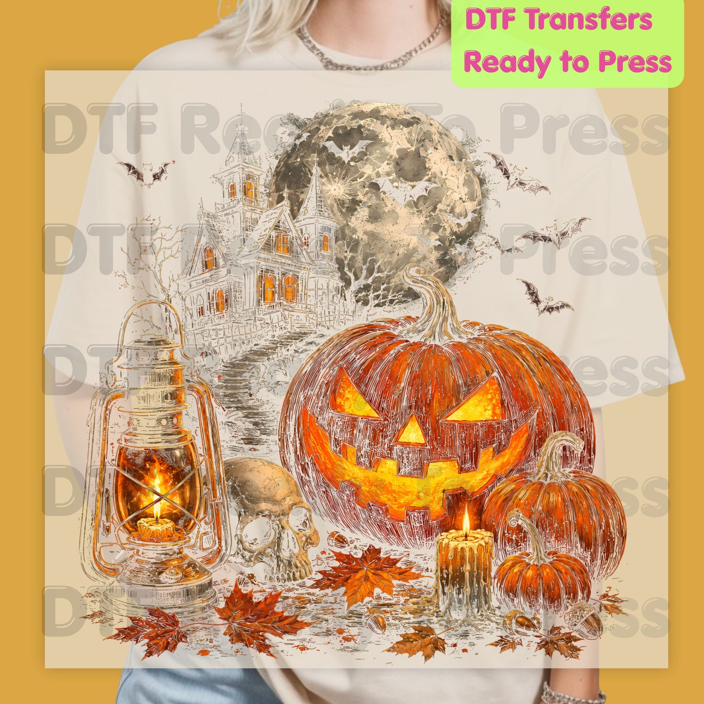 Vintage Haunted House Pumpkin DTF Transfers, Lantern Jack O Lantern Halloween Spooky Autumn Ready to Press