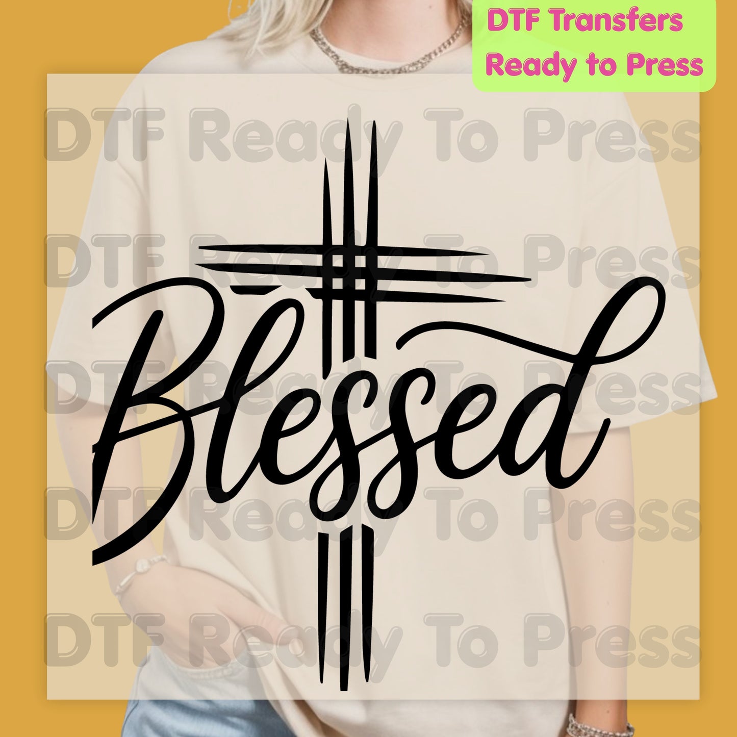 Blessed Cross Script DTF Transfers, Christian Faith Cursive Minimalist Religious Ready to Press