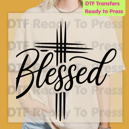 Blessed Cross Script DTF Transfers, Christian Faith Cursive Minimalist Religious Ready to Press