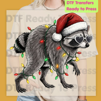 Christmas Raccoon DTF Transfers, Santa Hat Trash Panda Holiday Lights Ready to Press