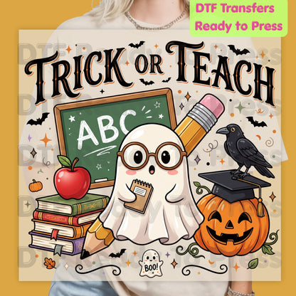 Halloween Trick or Teach DTF Transfers, Cute Ghost Teacher Chalkboard Pumpkin Pencil Spooky Fall School Ready to Press