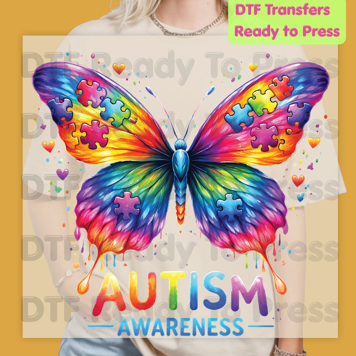 Autism Awareness DTF Transfer Ready to Press Rainbow Butterfly Puzzle Pieces Heat Transfer Tee Print Direct to Film Transfer