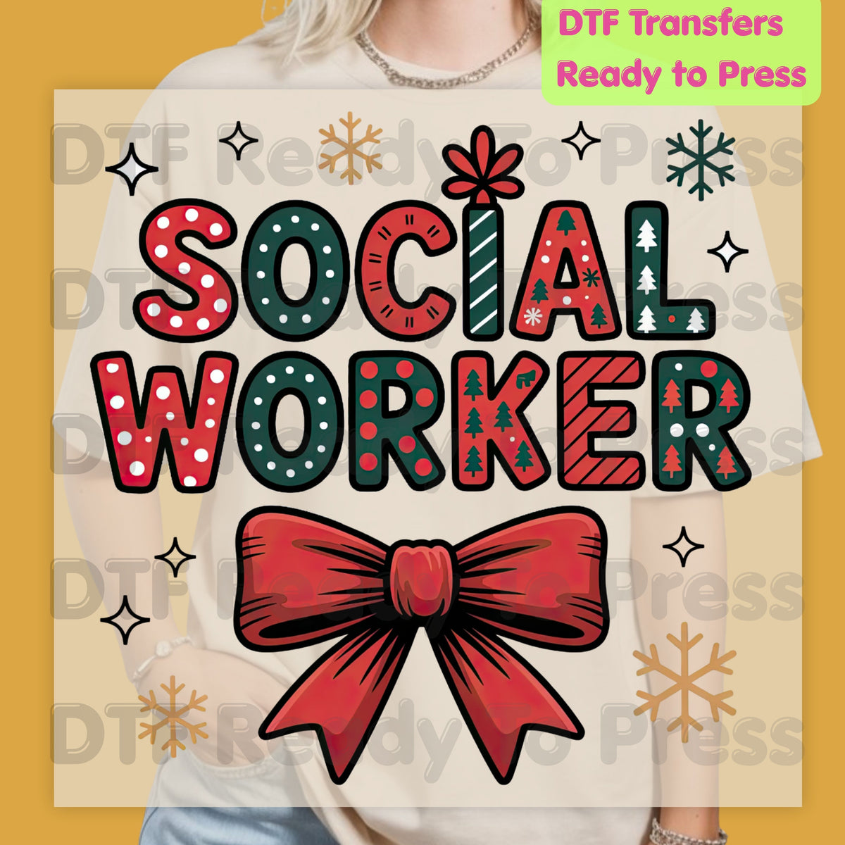 Christmas Social Worker Bow DTF Transfers, Community Snowflake Polka Dot Holiday Ready to Press
