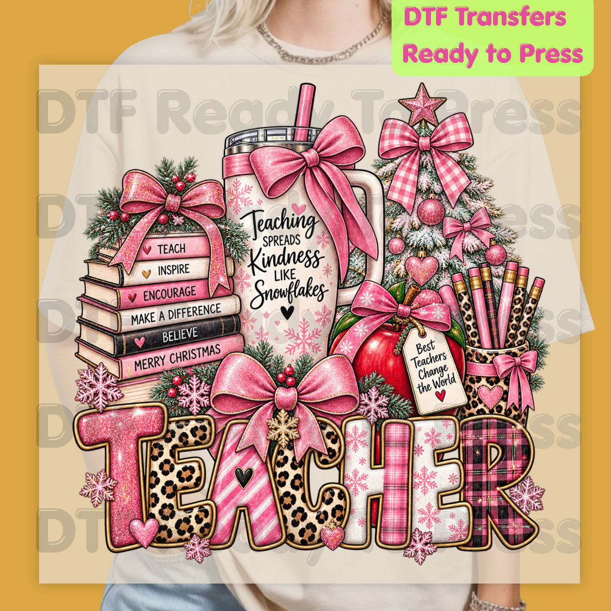 Christmas Pink Teacher Bow DTF Transfers, School Tumbler Leopard Holiday Ready to Press