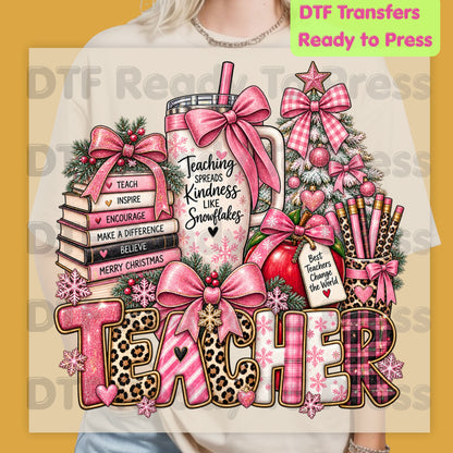 Christmas Pink Teacher Bow DTF Transfers, School Tumbler Leopard Holiday Ready to Press