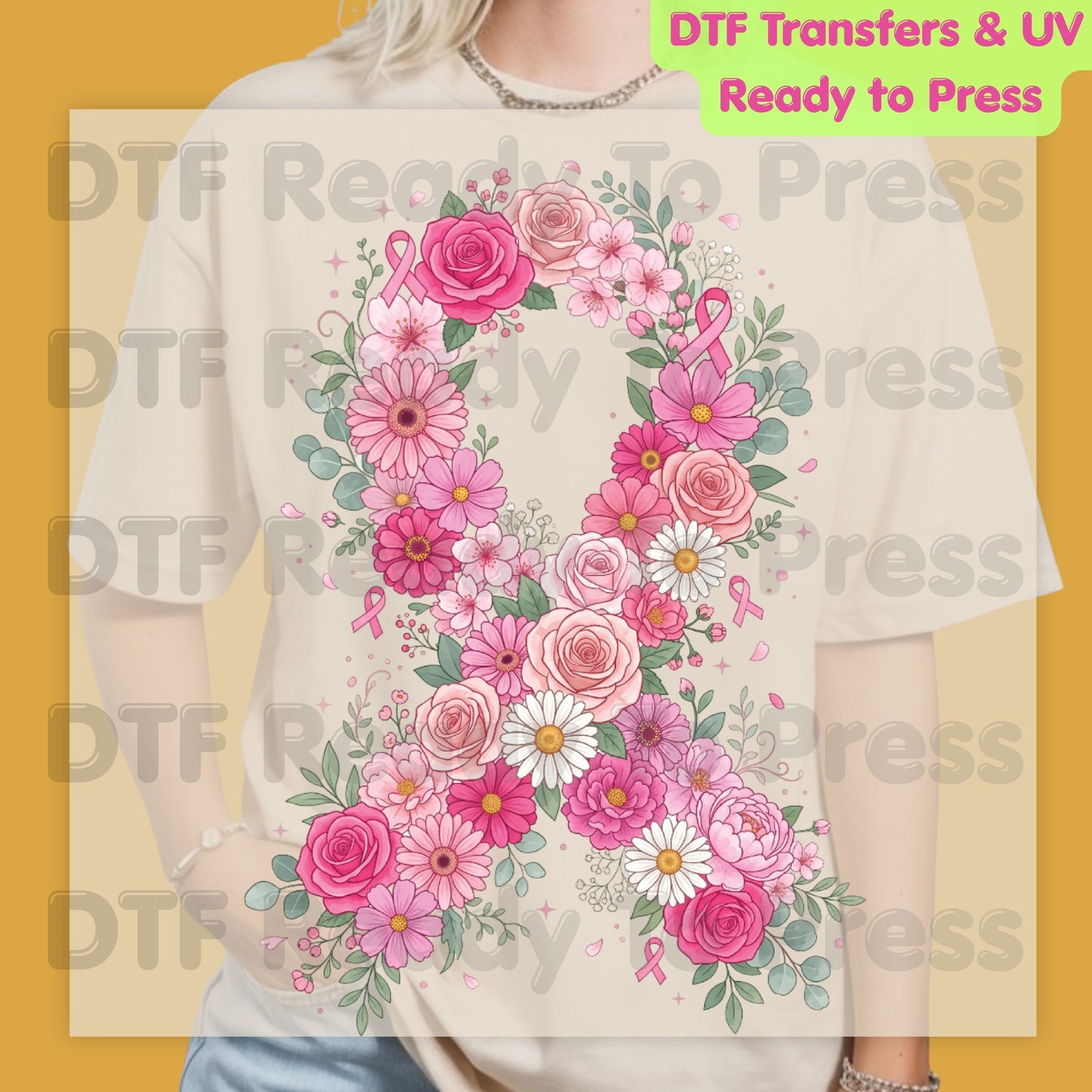Floral Pink Ribbon Breast Cancer Awareness DTF Transfer Ready to Press Heat Transfer Survivor Tee