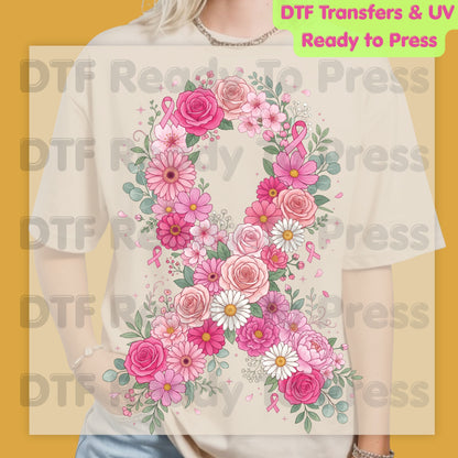 Floral Pink Ribbon Breast Cancer Awareness DTF Transfer Ready to Press Heat Transfer Survivor Tee
