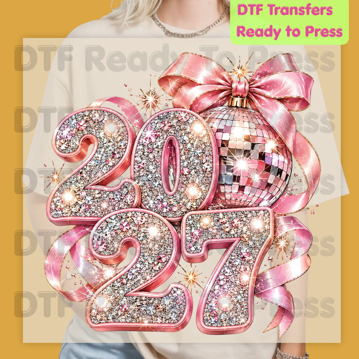 New Year 2027 DTF Transfer, Pink Glitter Numbers, Disco Ball Bow