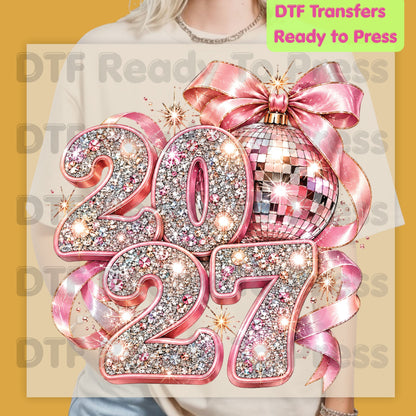 New Year 2027 DTF Transfer, Pink Glitter Numbers, Disco Ball Bow
