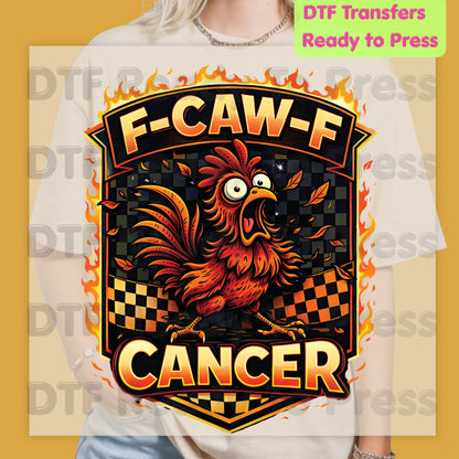 Funny Rooster DTF Transfer Ready to Press F Caw F Cancer Flaming Checkered Flag Heat Transfer Tee Print Direct to Film Transfer