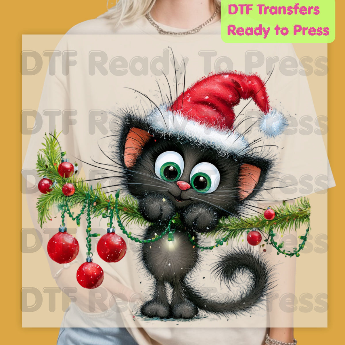 Black Cat Christmas DTF Transfers, Santa Hat Christmas Lights Cute Kitten Holiday Ready to Press