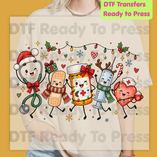 Christmas Nurse Squad DTF Transfers, Holiday Medical Syringe Pill Bottle Stethoscope Ready to Press