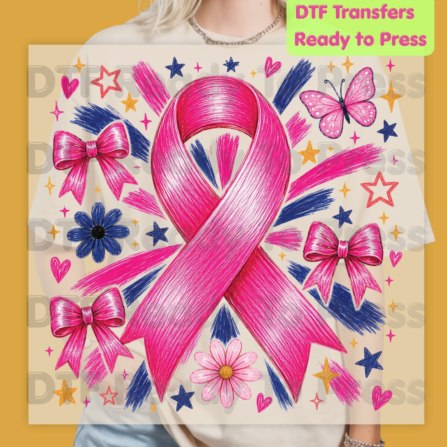 Breast Cancer DTF Transfer Ready to Press Pink Ribbon Bows Butterfly Flowers Awareness Heat Transfer Tee Print Direct to Film