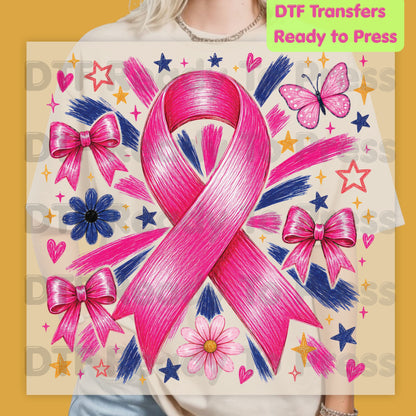 Breast Cancer DTF Transfer Ready to Press Pink Ribbon Bows Butterfly Flowers Awareness Heat Transfer Tee Print Direct to Film