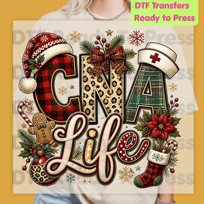 Christmas CNA Life DTF Transfers, Holiday Nurse Hat Plaid Leopard Medical Graphic Ready to Press