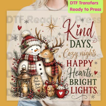 Kind Days Cozy Nights DTF Transfers, Snowman Reindeer Cute Christmas Holiday Ready to Press