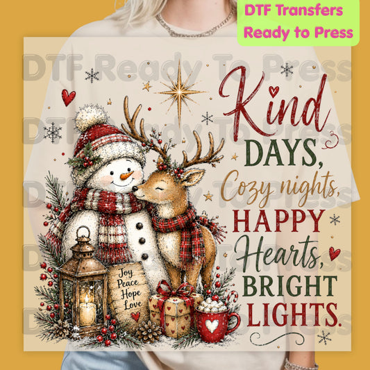 Kind Days Cozy Nights DTF Transfers, Snowman Reindeer Cute Christmas Holiday Ready to Press