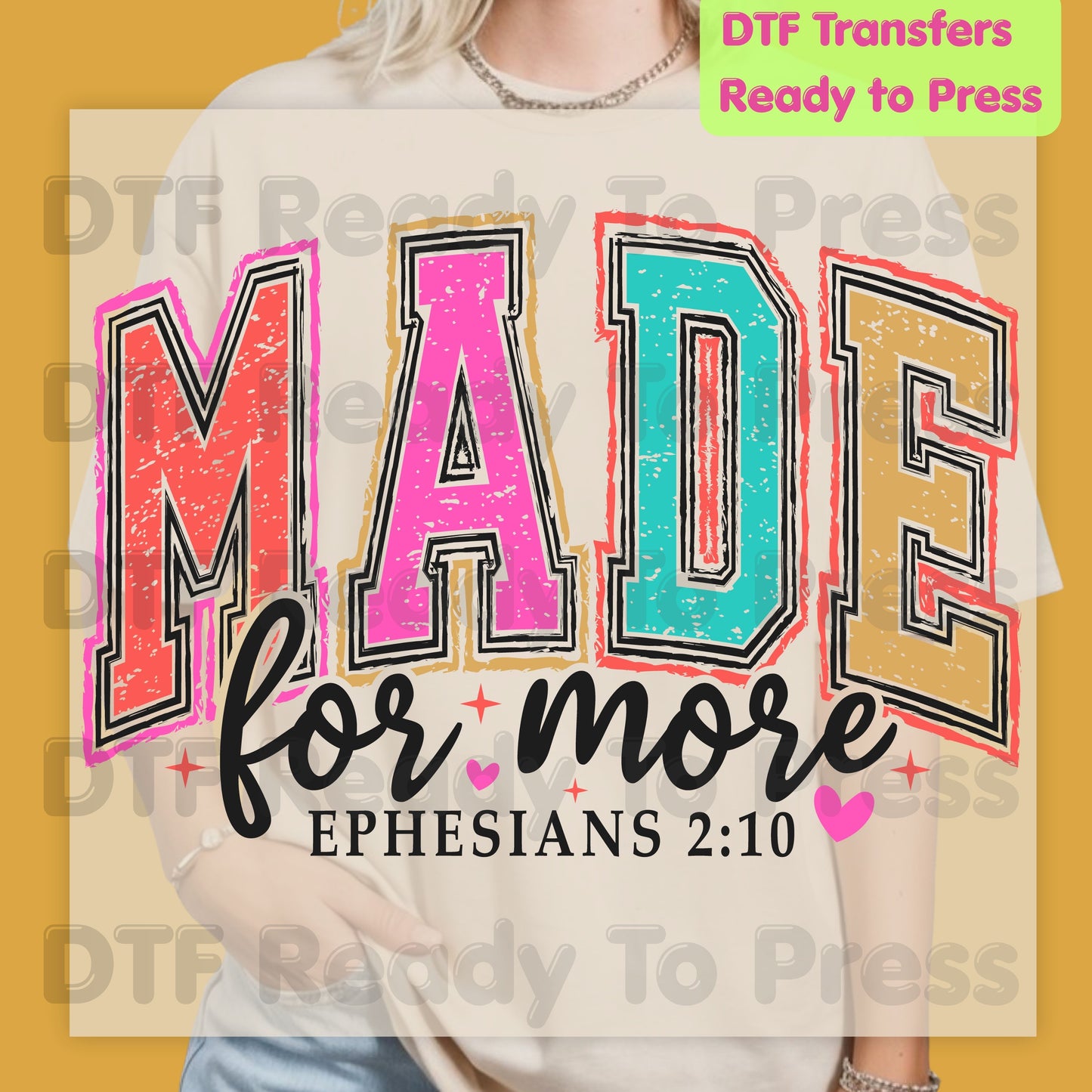 Made For More Christian DTF Transfer Ready to Press Ephesians 2 10 Heat Transfer For Shirts Christian Bible Verse Colorful Varsity Bright Print