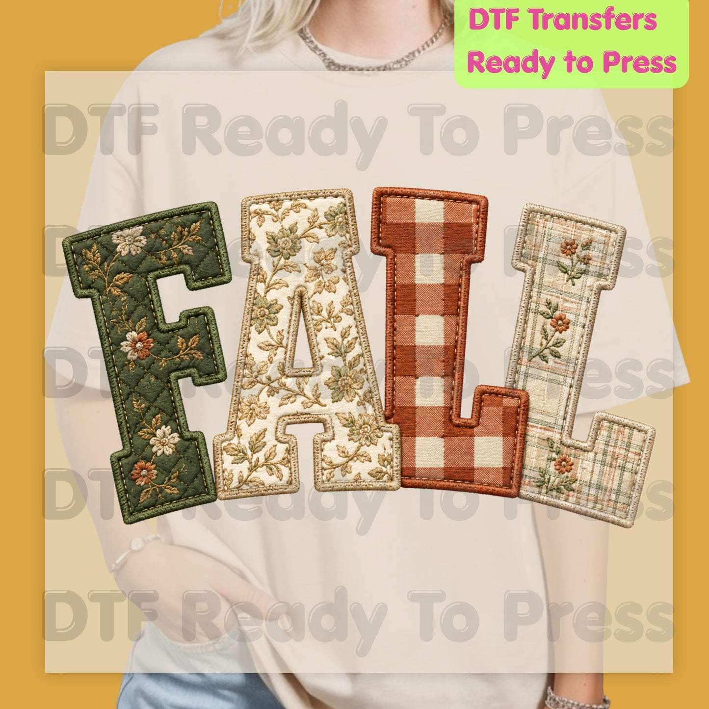 Fall Patchwork Chenille Letters DTF Transfers, Quilted Plaid Autumn Thanksgiving Ready to Press