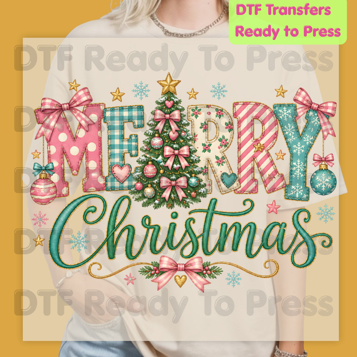 Christmas DTF Transfer, Merry Christmas Tree with Pastel Pink Bows