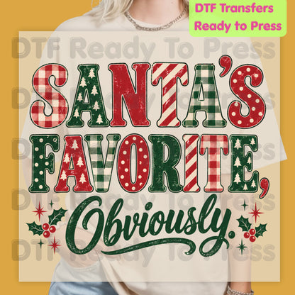 Christmas DTF Transfer, Santa’s Favorite Obviously, Plaid Lettering and Holly Graphic