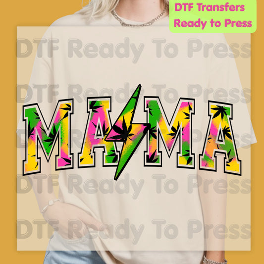 Mama DTF Transfers, Weed Leaf Lightning Bolt Colorful Tie Dye Retro Mama Ready to Press