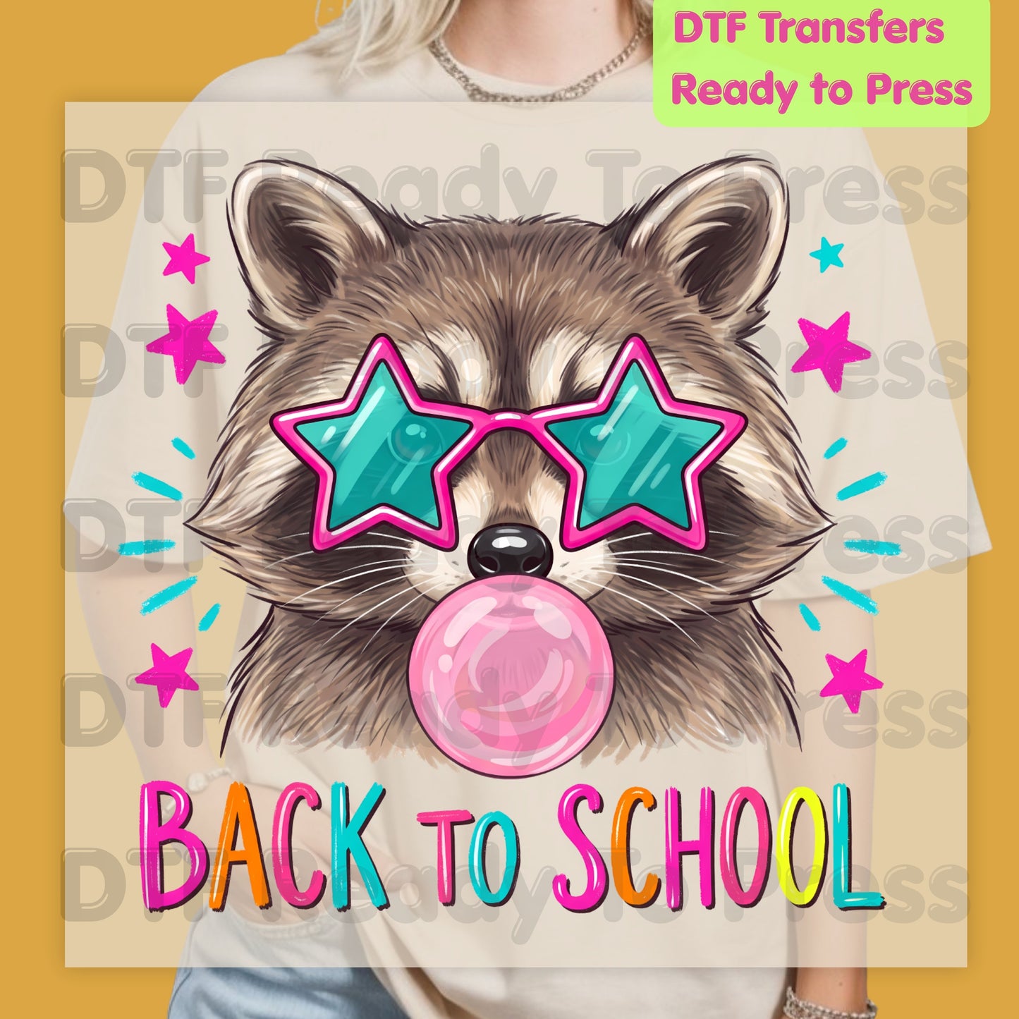 Back to School Raccoon DTF Transfers, Star Sunglasses Bubblegum Trash Panda Ready to Press