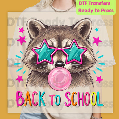 Back to School Raccoon DTF Transfers, Star Sunglasses Bubblegum Trash Panda Ready to Press