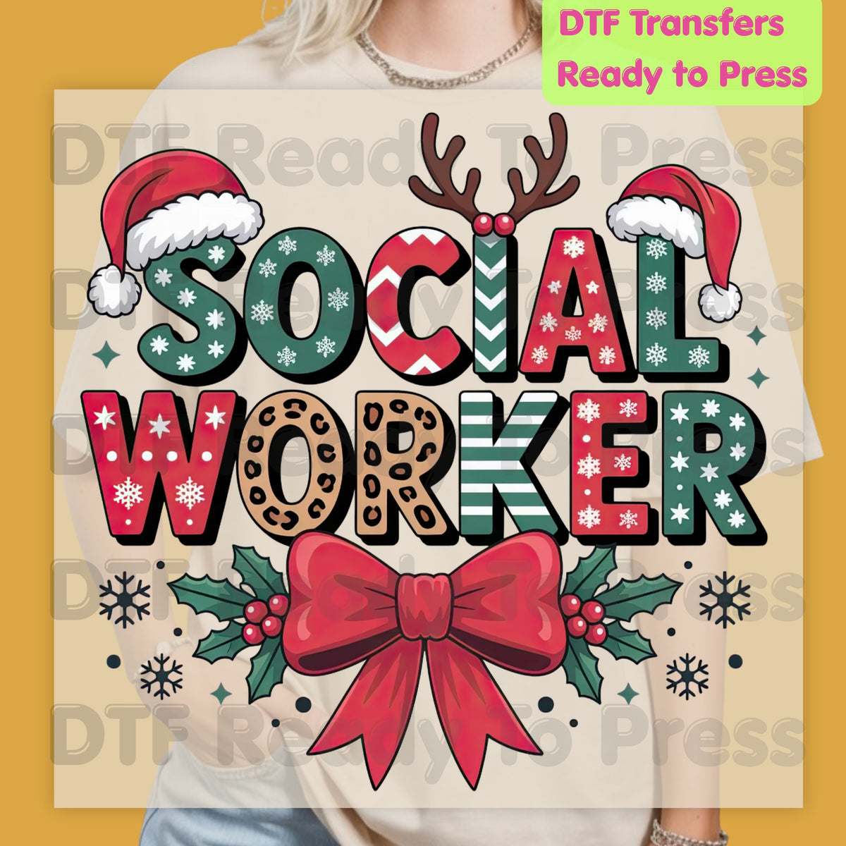 Christmas Social Worker DTF Transfers, Holiday Santa Hat Leopard Bow Social Work Ready to Press